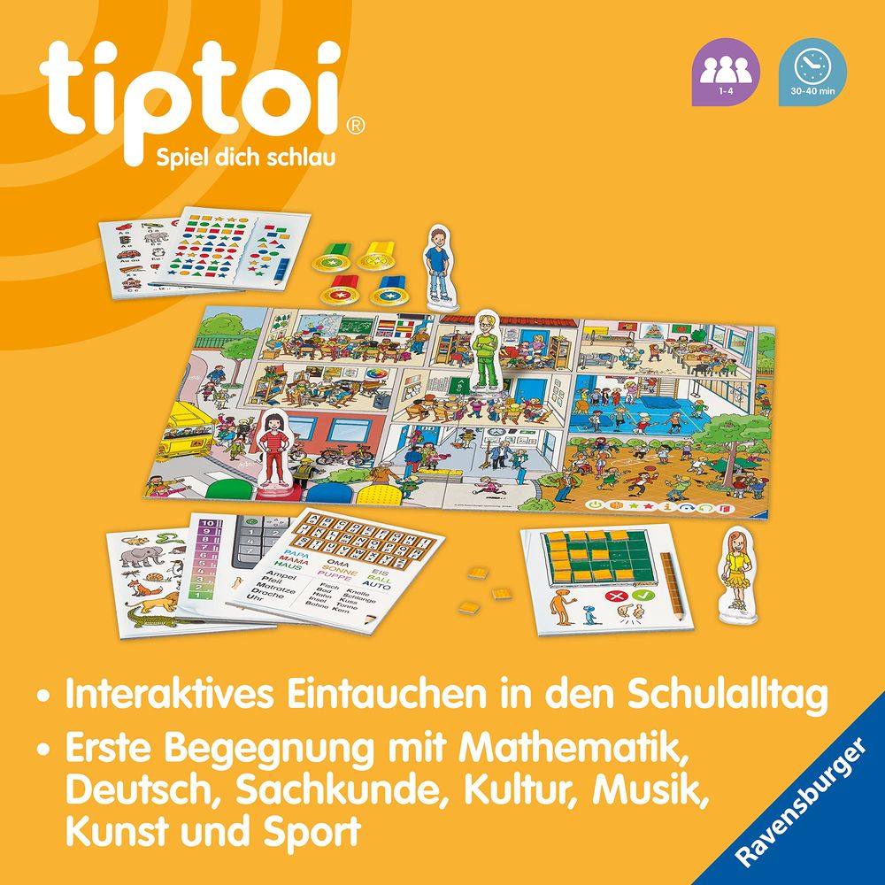 Tiptoi Spielbrett mit Schulhausszene, Spielfiguren und Lernkarten.