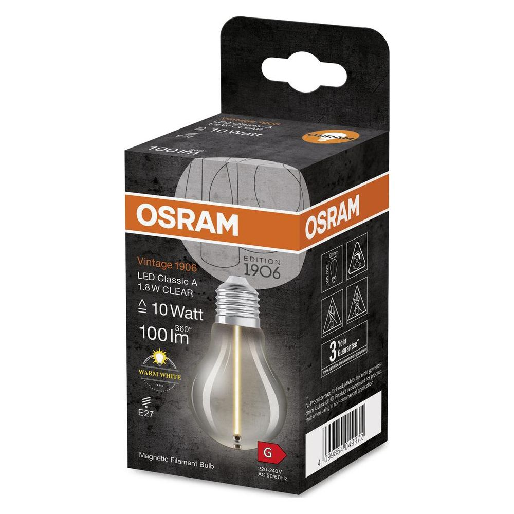 Żarówka LED Osram Vintage 1906, 10W, 100lm, Ciepła Biel, trzonek E27.