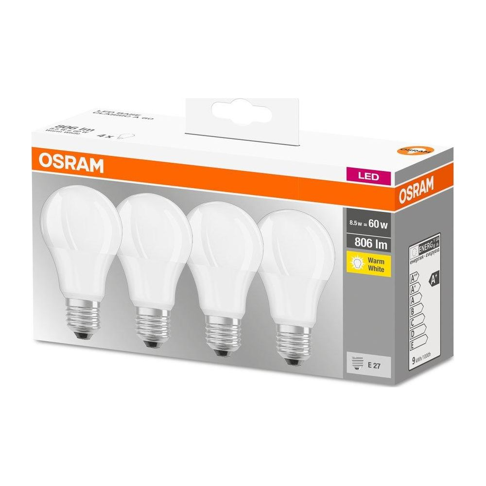 Confezione con quattro lampadine LED Osram, bianco caldo, base E27.