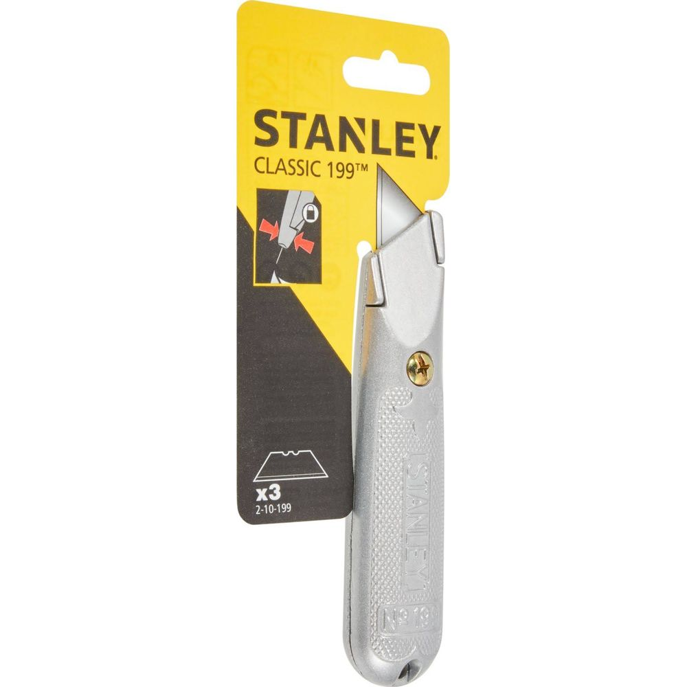 Stanley Classic 199 Cutter mit silbernem Griff und gelber Stanley-Verpackung.