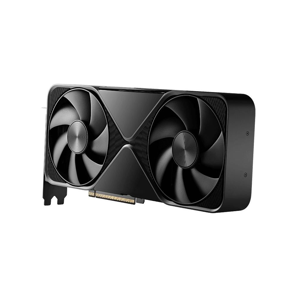 Czarna karta graficzna z dwoma wentylatorami i srebrnymi pinami złącz na białym tle.