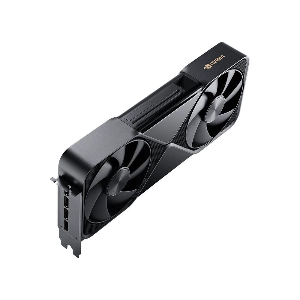 Czarna karta graficzna NVIDIA z dwoma wentylatorami i srebrnym napisem.