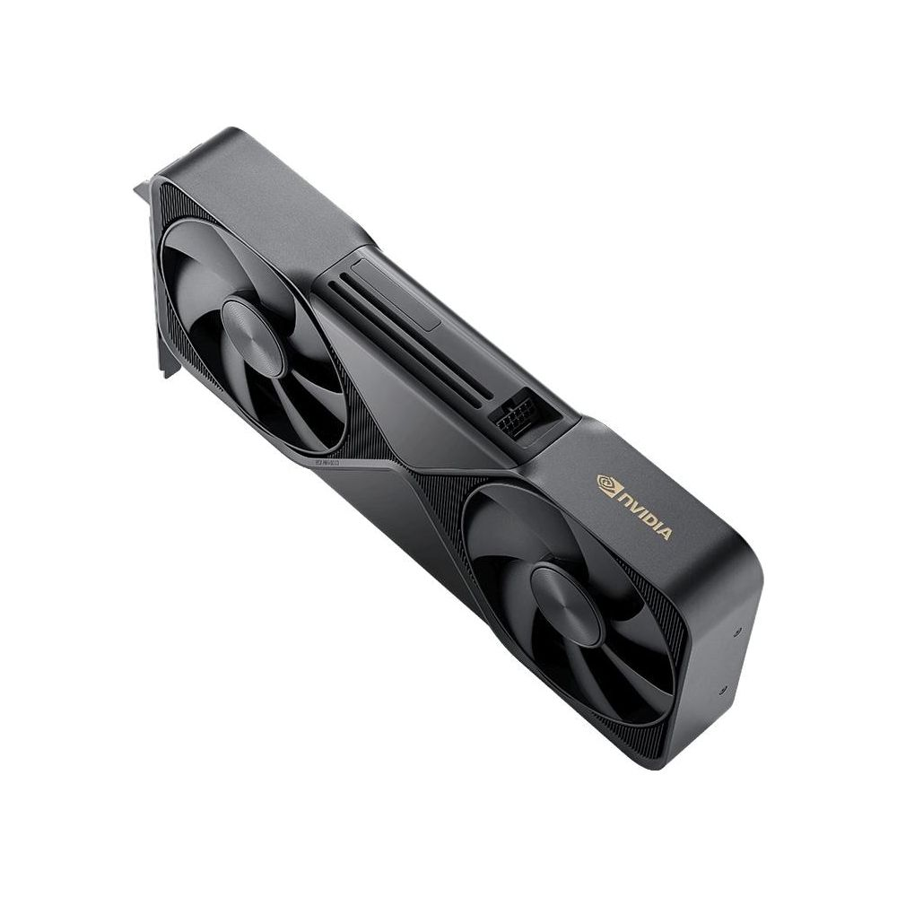 Czarna karta graficzna NVIDIA z dwoma wentylatorami i otworami wentylacyjnymi.