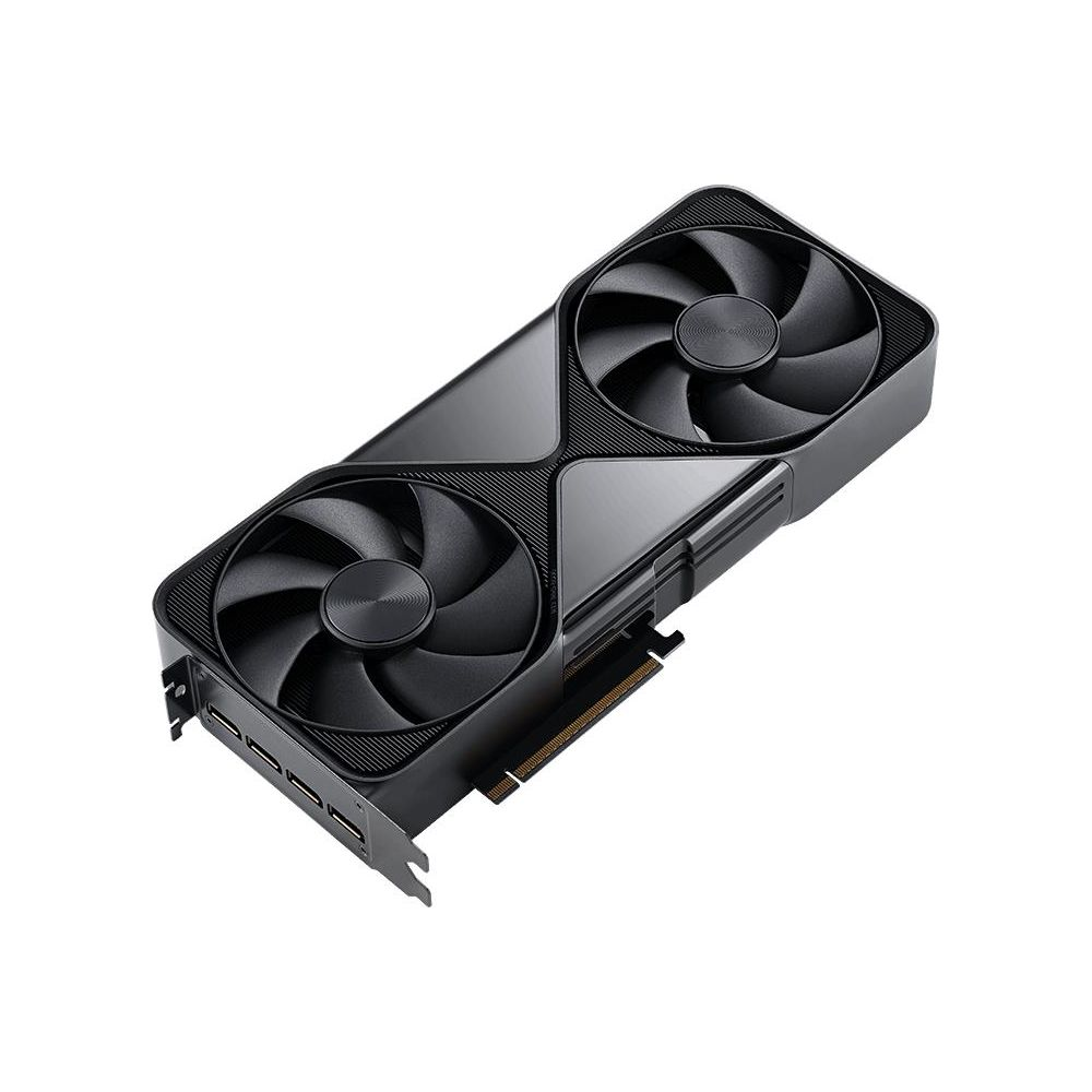 Czarna karta graficzna komputera z dwoma wentylatorami na białym tle.
