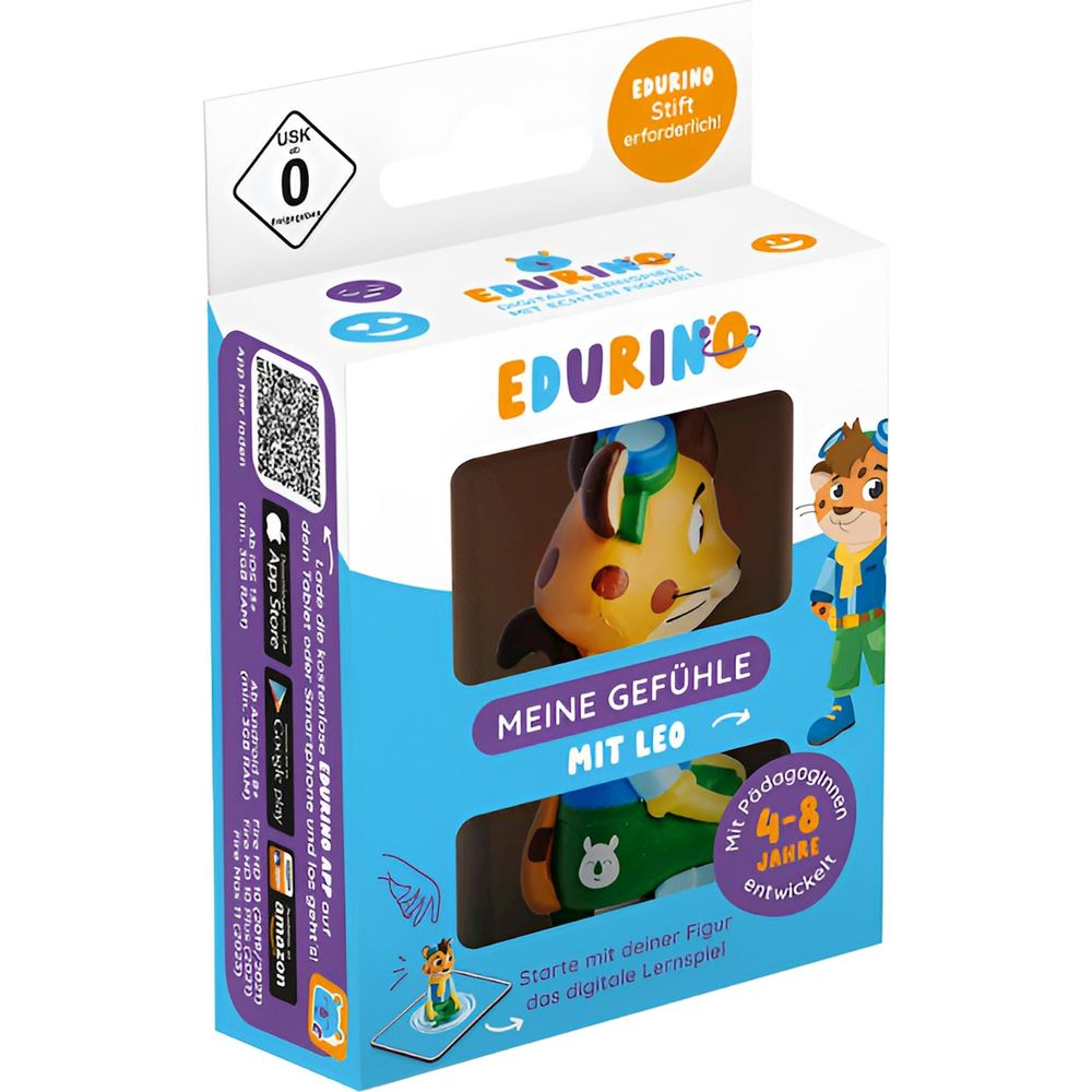 Verpackung des Edurino Lernspiels mit Figur Leo, ab 4 Jahren.