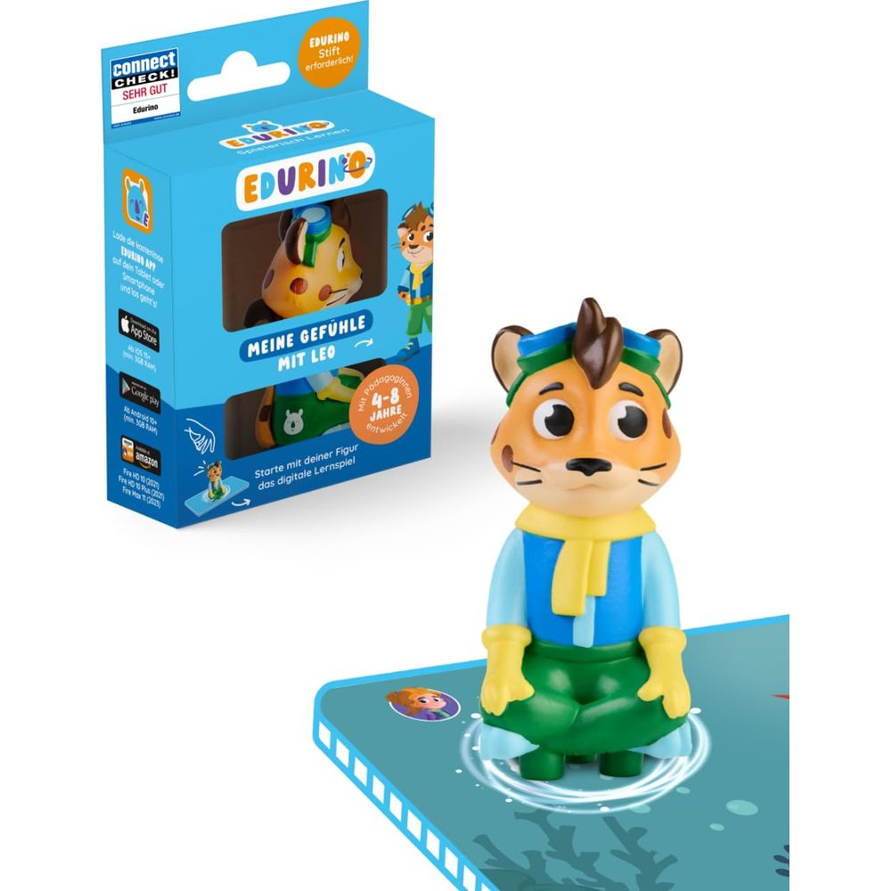 Ein Edurino Tiger-Spielzeug mit Lernbox und interaktiver Figur auf einem blauen Untergrund.
