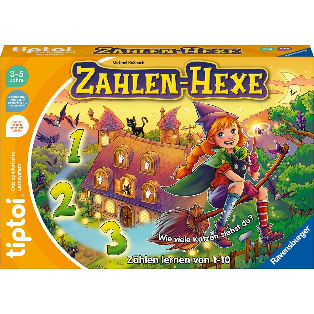 Ein Mädchen als Hexe fliegt auf einem Besen vor einem Haus mit Zahlen 1, 2, 3.