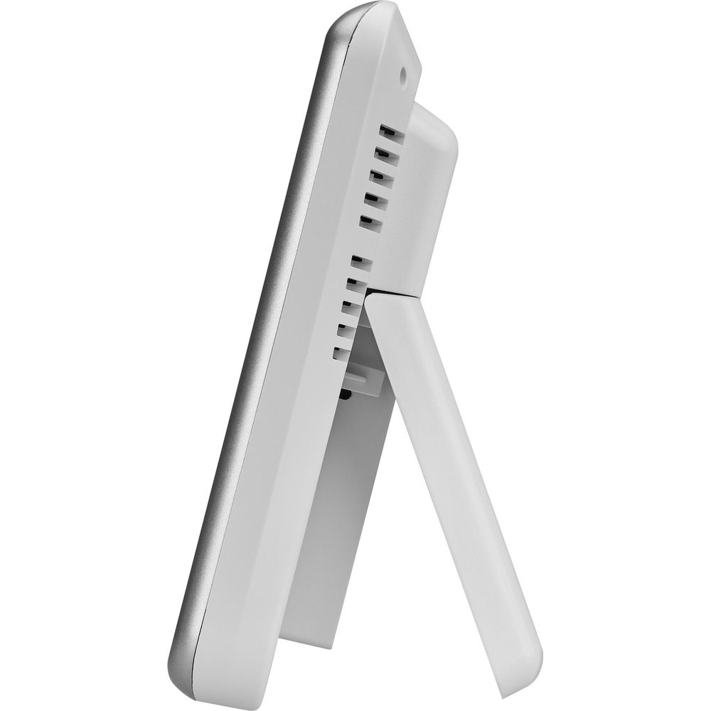 Ein digitales Thermometer mit Ständer auf weißem Hintergrund.