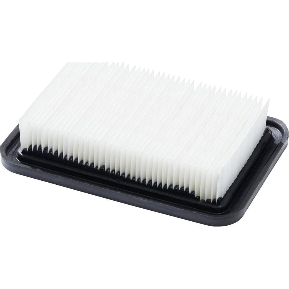 Prostokątny biały filtr powietrza z czarną ramą na białym tle.