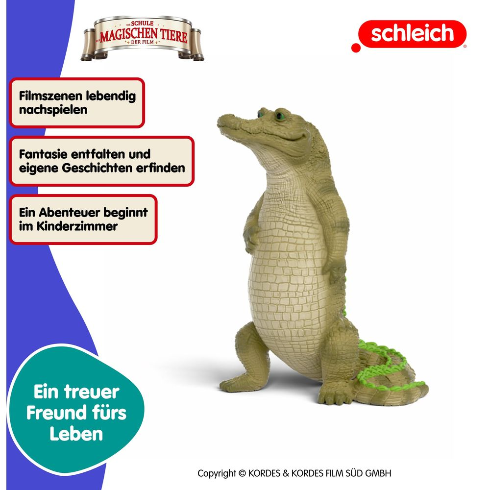 Un jouet crocodile vert clair se tient droit. Texte en allemand.