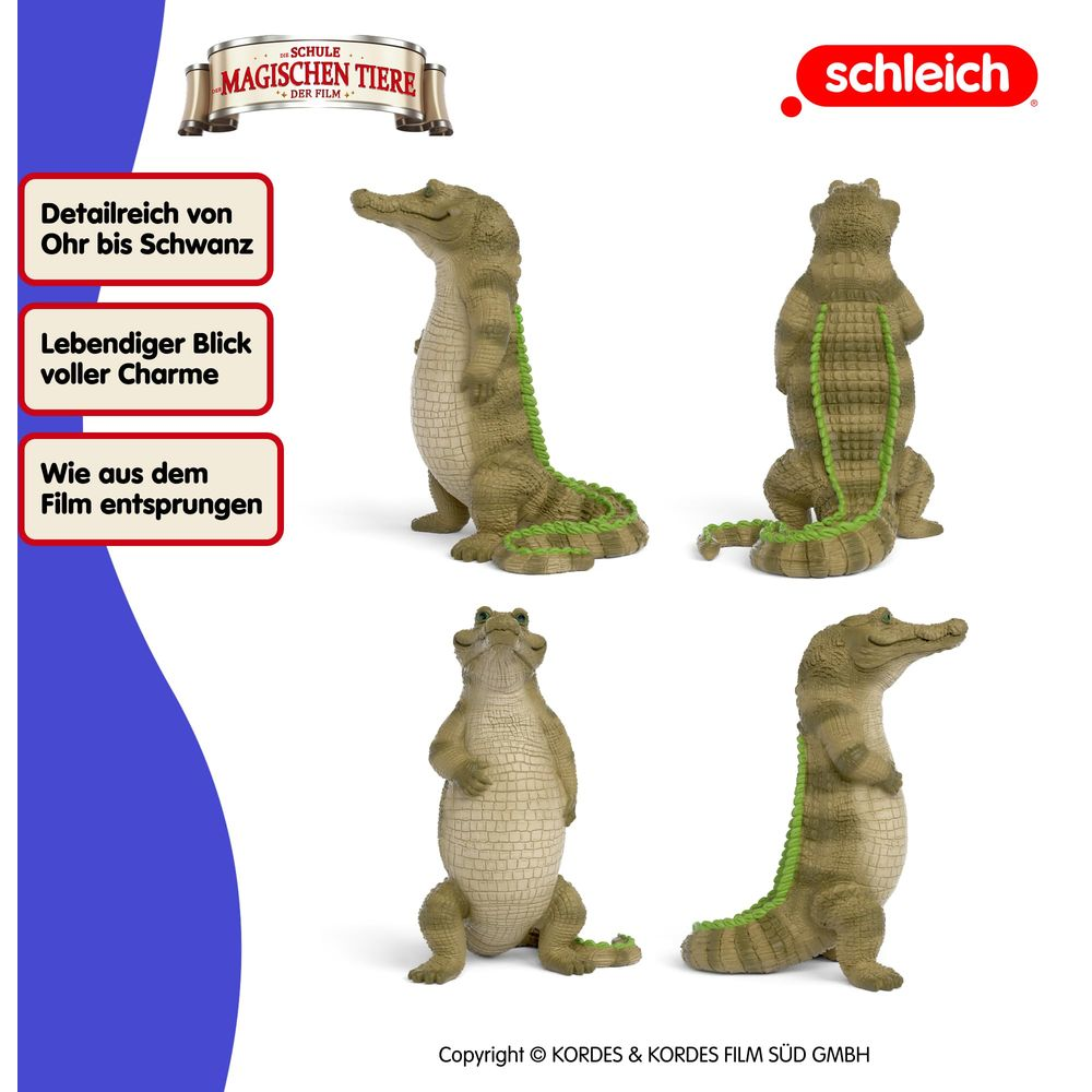 Quatre vues d'une figurine de crocodile verte au design détaillé.