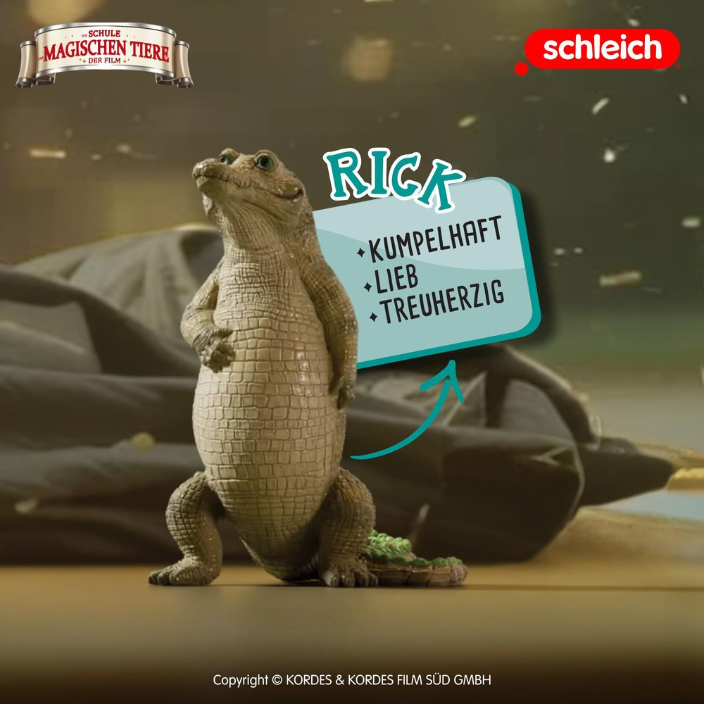 Une figurine Schleich d'un crocodile nommé Rick, avec du texte.