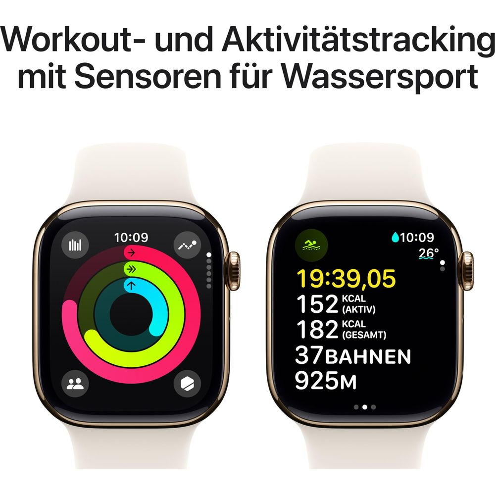 Dwa zegarki Apple Watch wyświetlają dane aktywności. Jeden pokazuje pierścienie, drugi statystyki pływania.