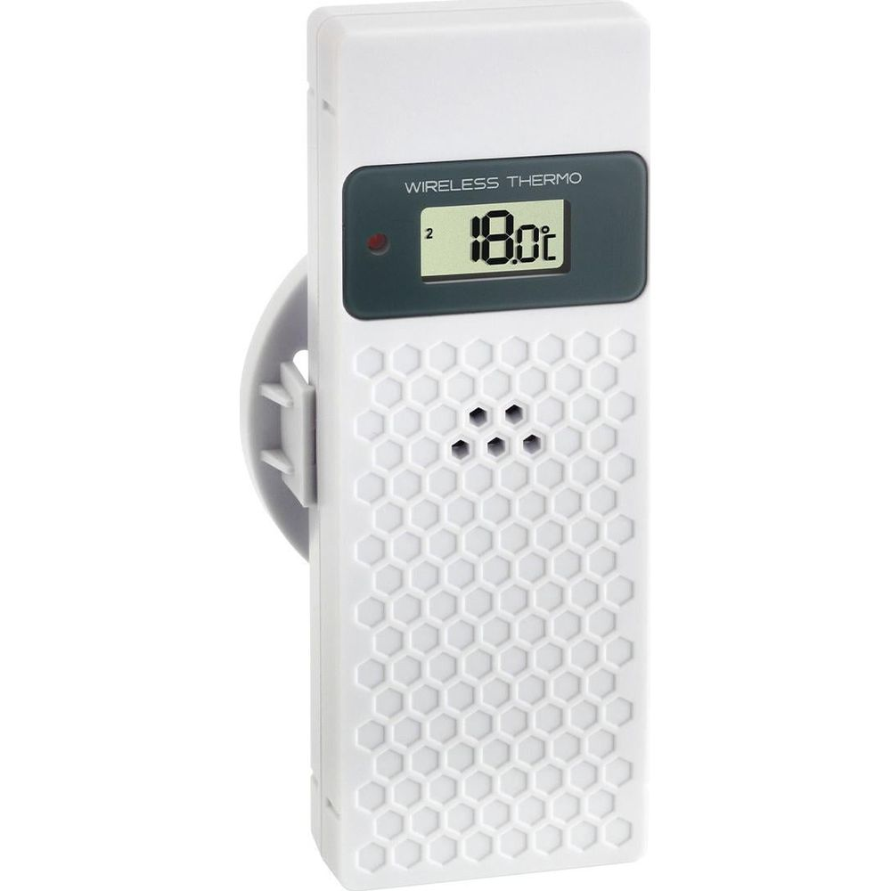 Ein weißes kabelloses Thermometer mit einem digitalen Display, das 18,0°C anzeigt.