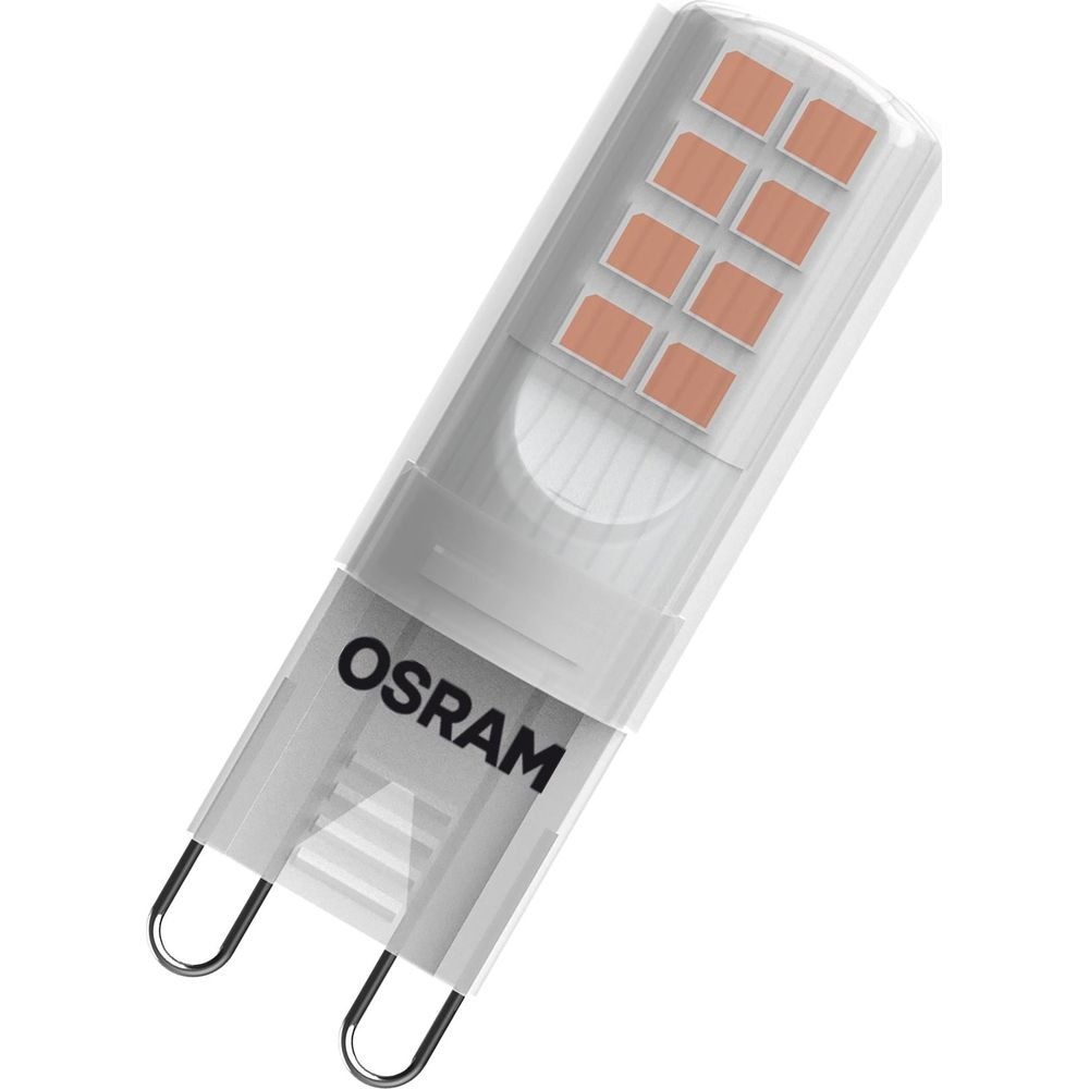 Żarówka LED Osram G4 z ośmioma pomarańczowymi diodami i dwoma pinami w kształcie litery U.