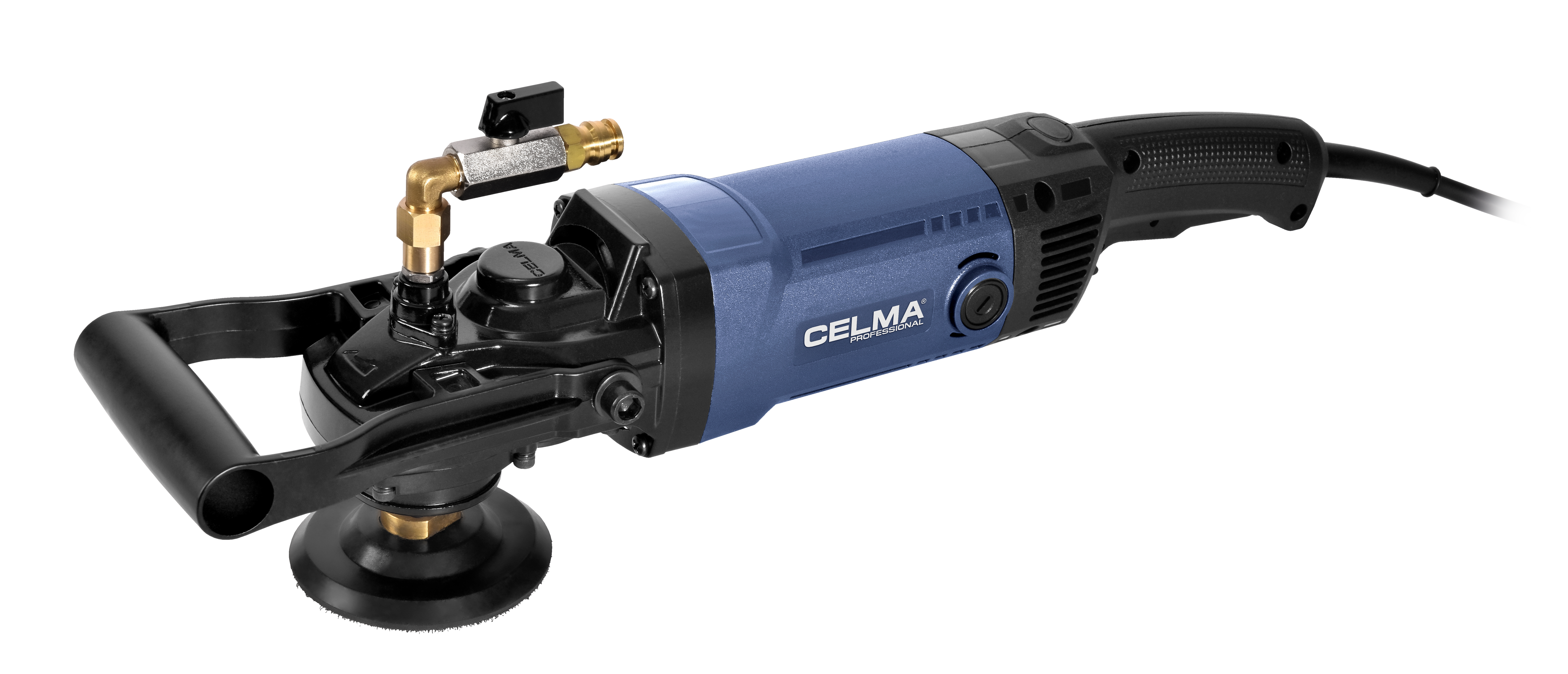 Niebieska szlifierka CELMA z doprowadzeniem wody i czarnym uchwytem.