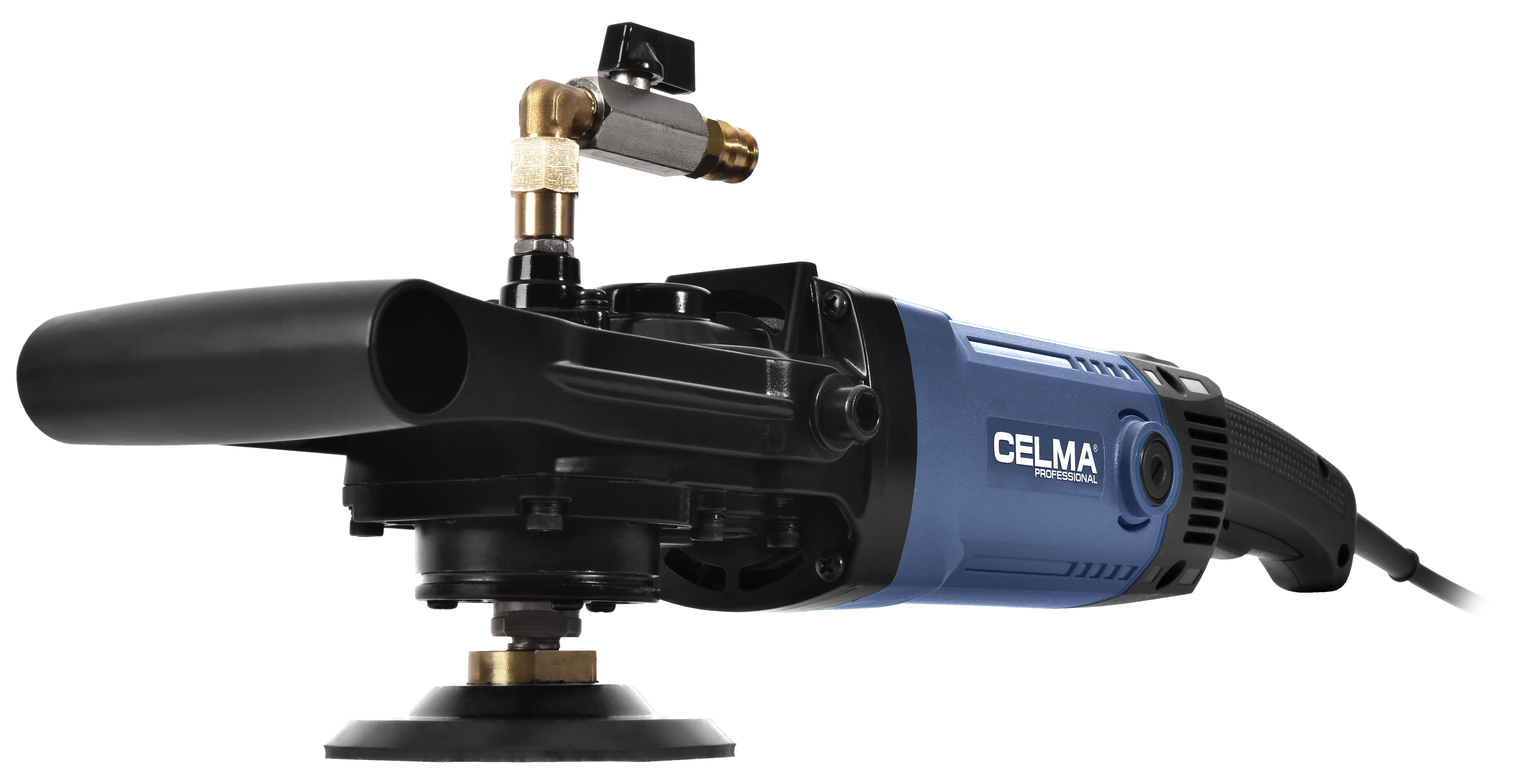 Niebieska wiertarka z czarnym mocowaniem i przyłączem wody, na czarnym tle.