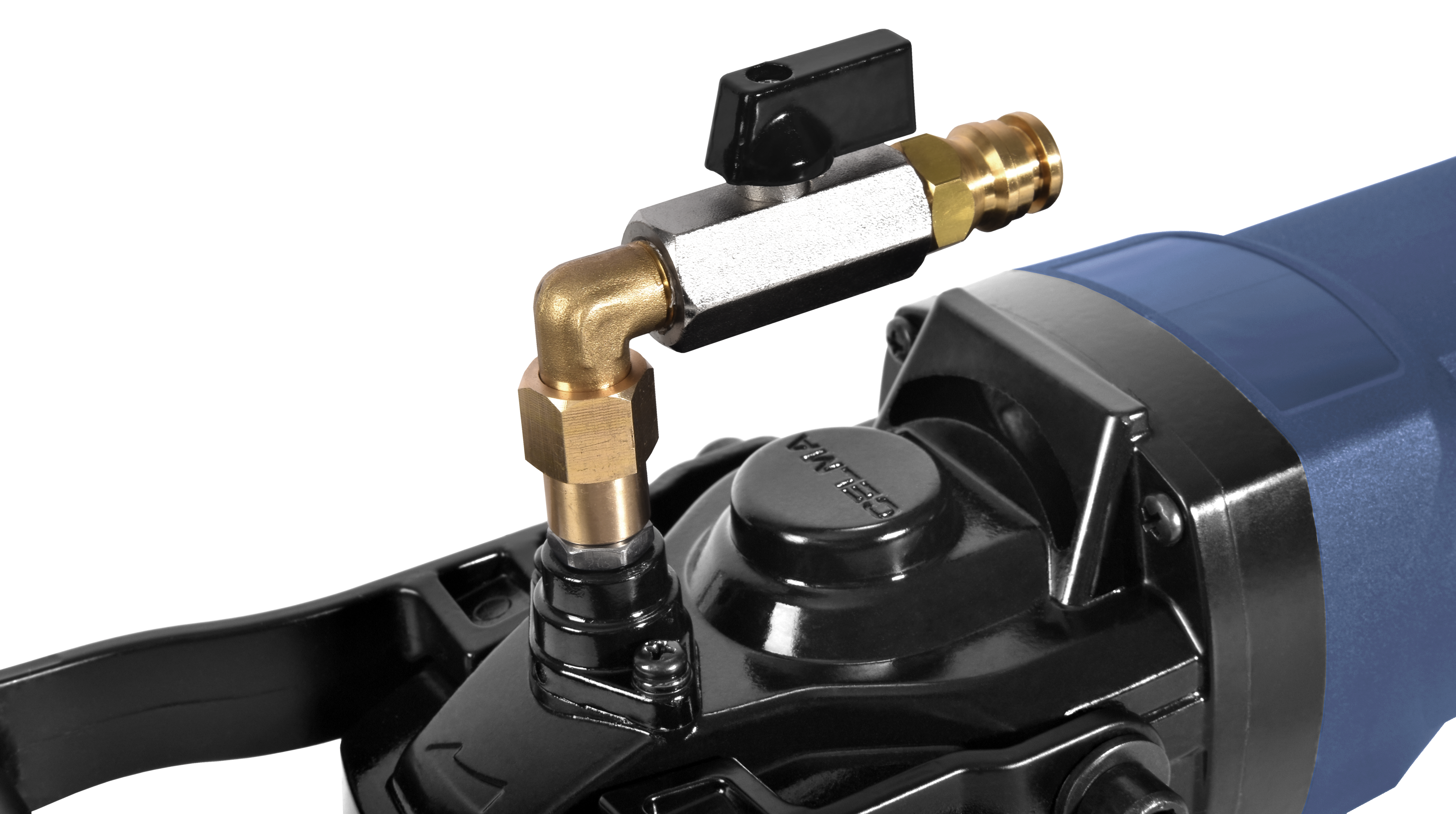 Zbliżenie niebieskiej szlifierki kątowej ze złączem wody i czarnym uchwytem.