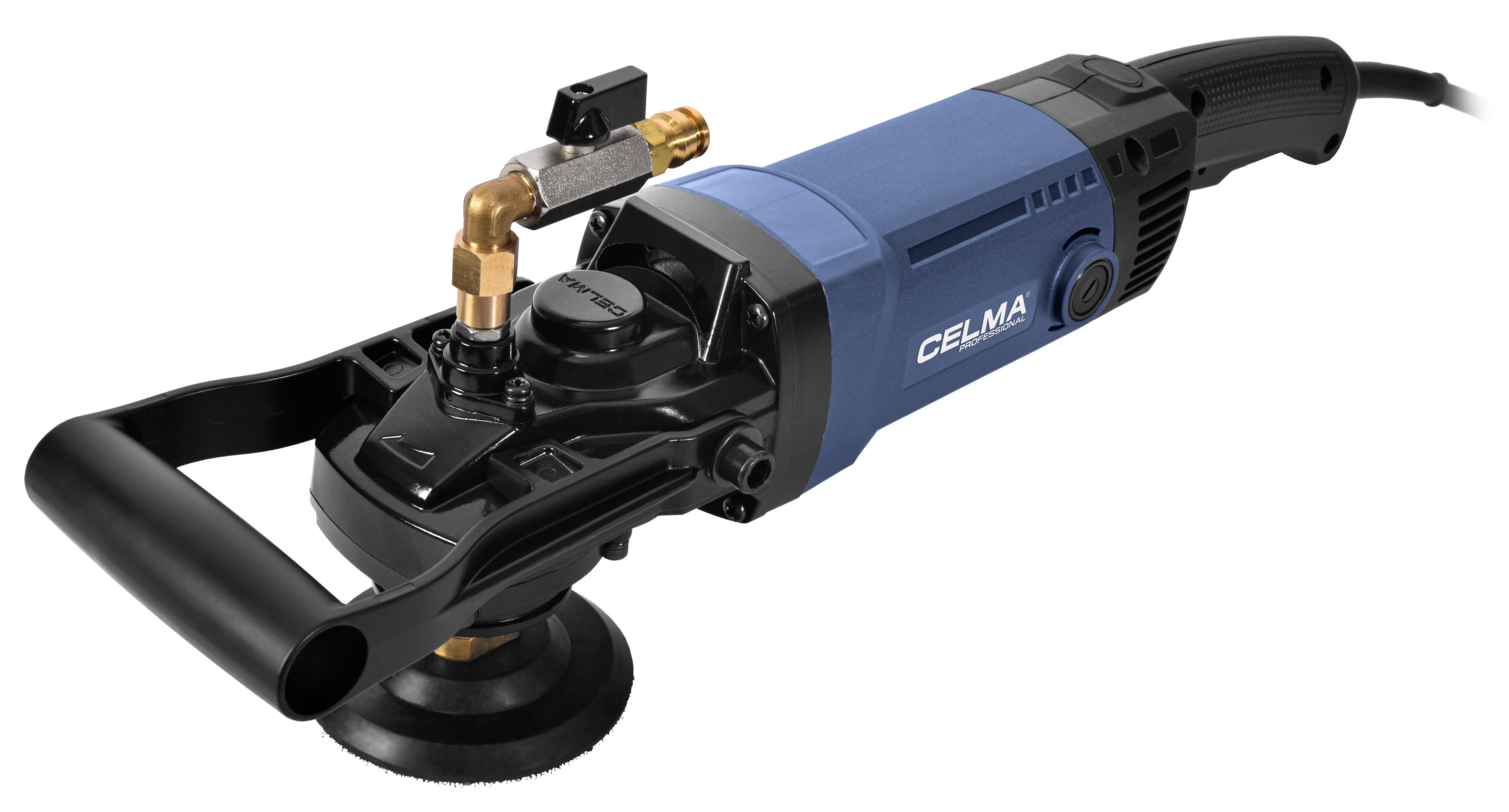 Niebieska szlifierka kątowa z chłodzeniem wodnym i uchwytem pomocniczym, na czarnym tle.