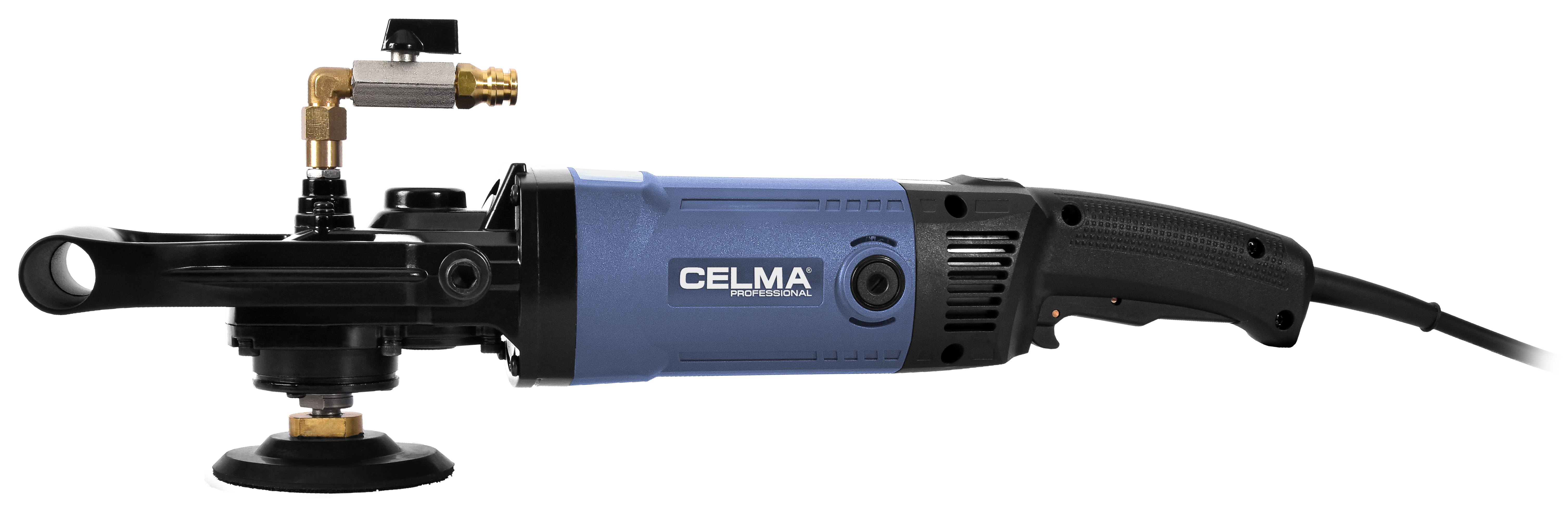 Niebieska i czarna szlifierka CELMA PROFESSIONAL z podawaniem wody i uchwytem.