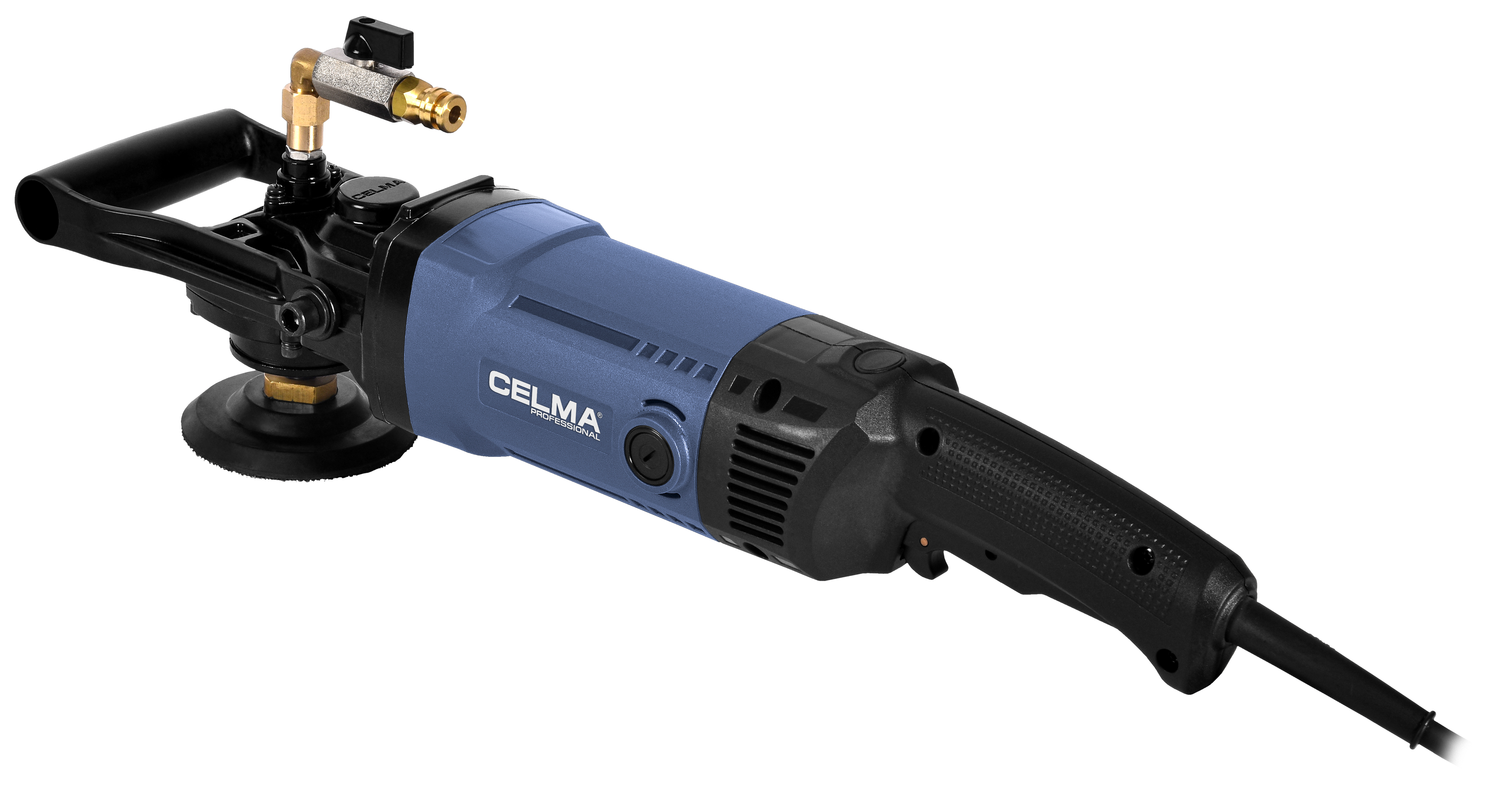 Niebieska i czarna szlifierka kątowa CELMA z uchwytem i przyłączem wody.