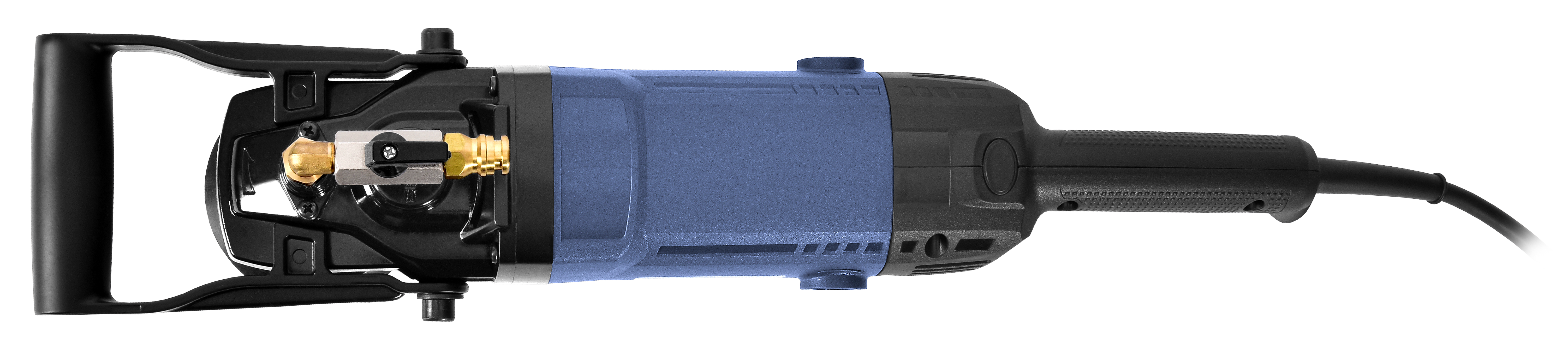 Niebiesko-czarna wiertarka z uchwytami i złączami. Na czarnym tle.