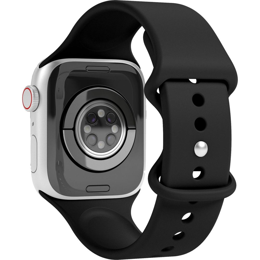 Die Rückseite einer Smartwatch mit schwarzem Armband und Ladekontakten.