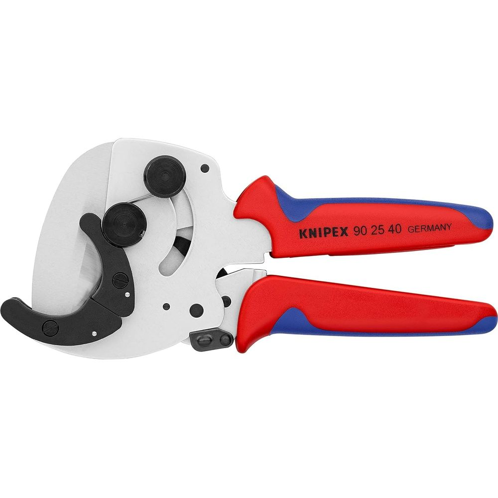 A white pipe cutter with red and blue handles.