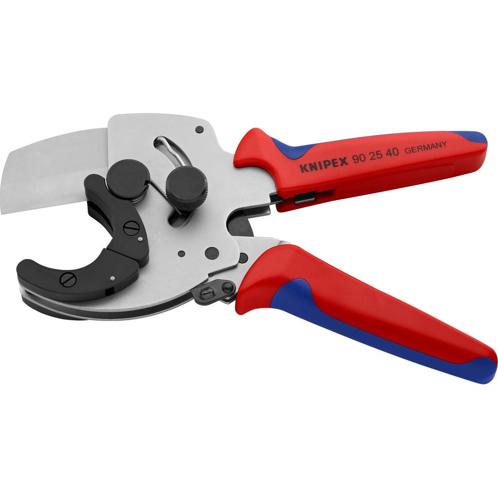 A silver pipe cutter with red and blue handles.
