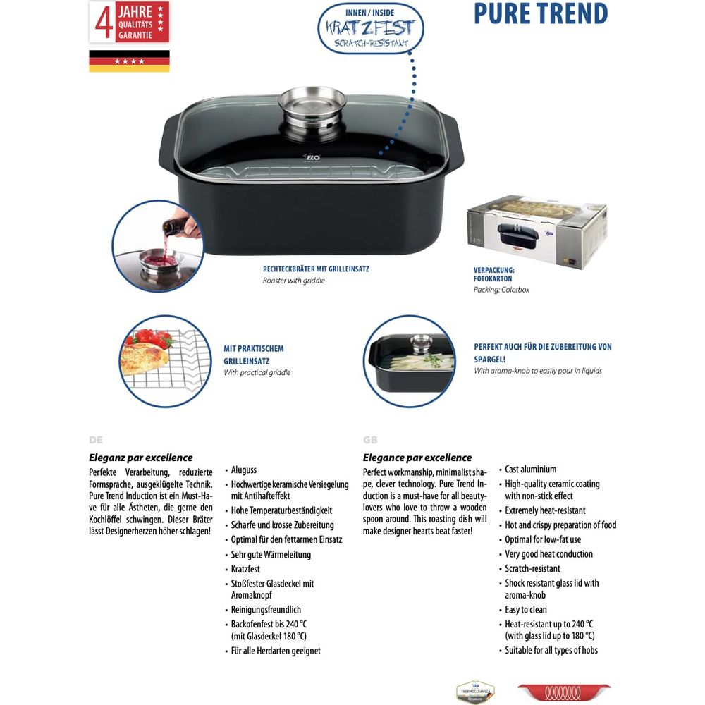 Schwarzer Bräter mit Glasdeckel und Grilleinsatz, mit Produktinformationen.