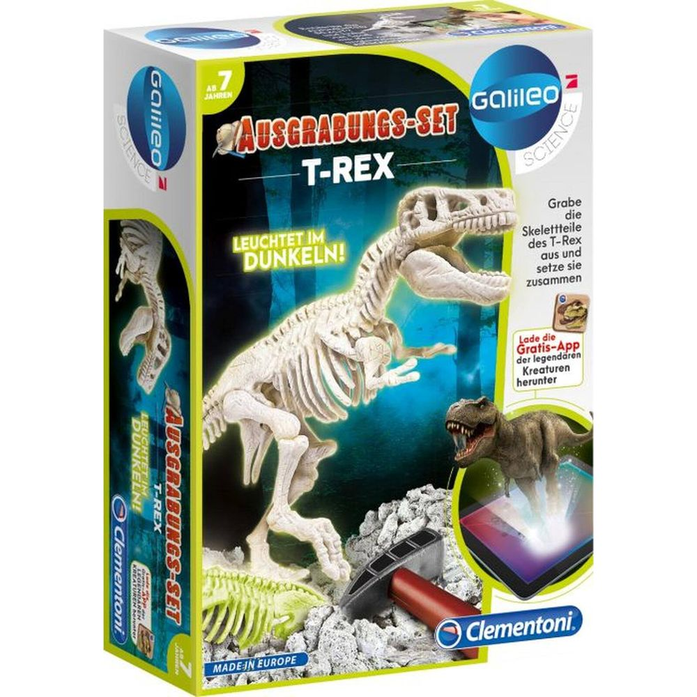 Clementoni Ausgrabungs-Set T-Rex, leuchtet im Dunkeln, mit Werkzeugen und App.