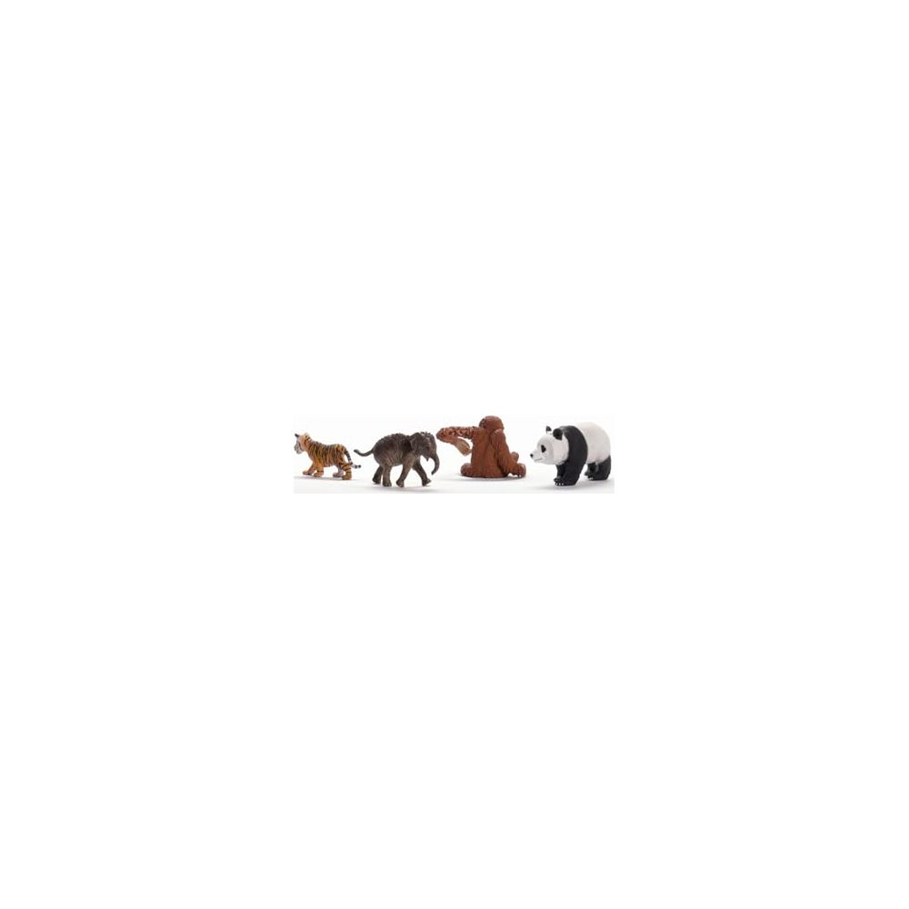 Figure di tigre, elefante, orangutan e panda in piedi una accanto all'altra.