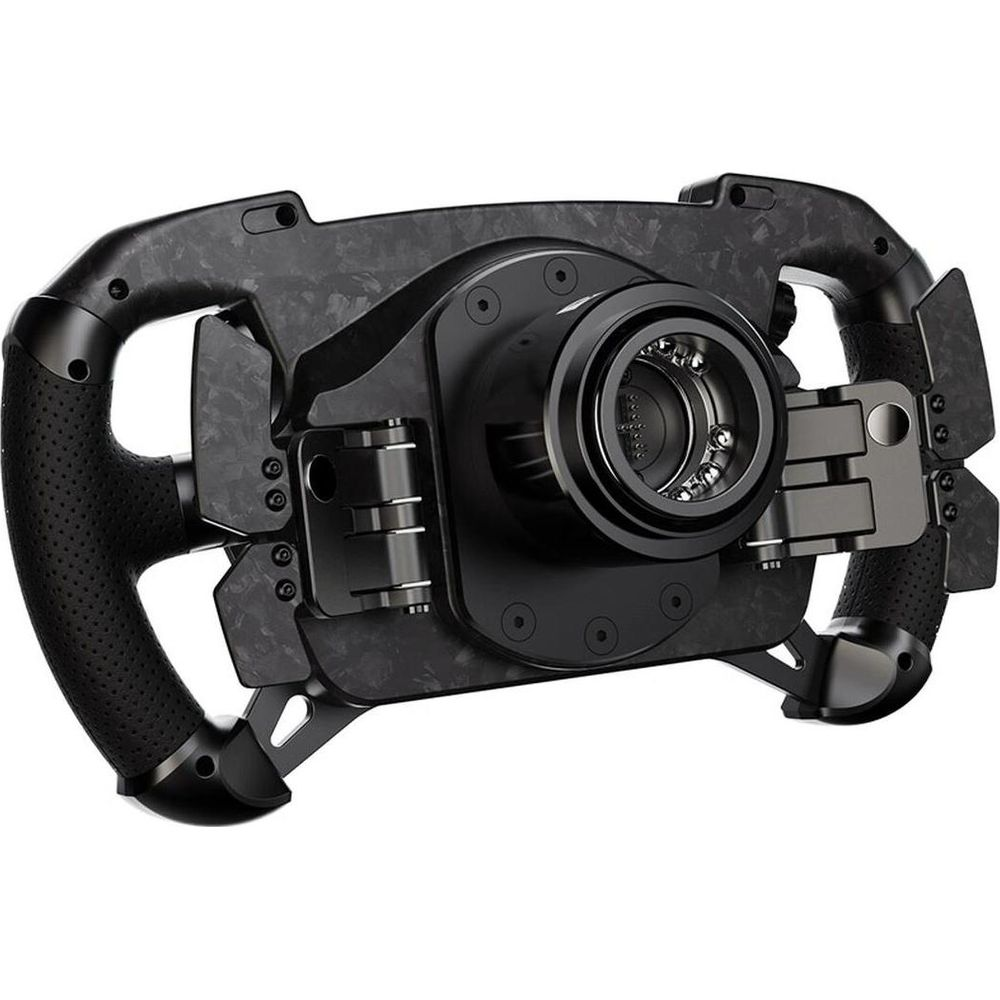 Ein schwarzes Rennlenkrad mit Carbon-Optik und Metallteilen.