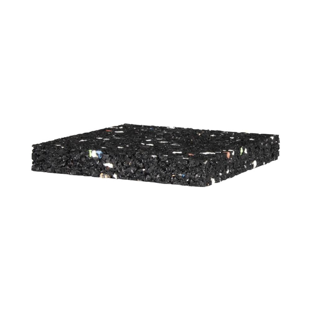 Blocco di gomma nero con particelle colorate, rettangolare, su sfondo bianco.