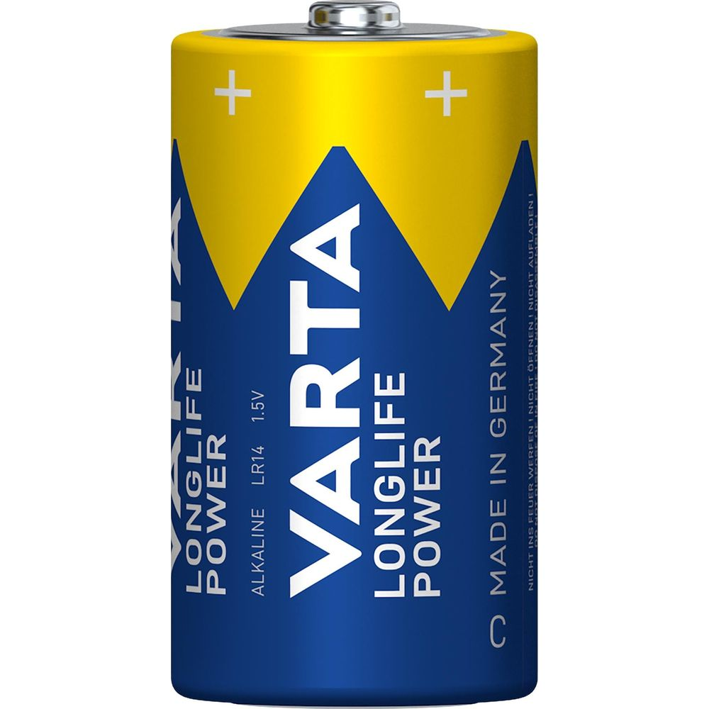 Una batteria alcalina Varta Longlife Power LR14 1,5V, blu e gialla.