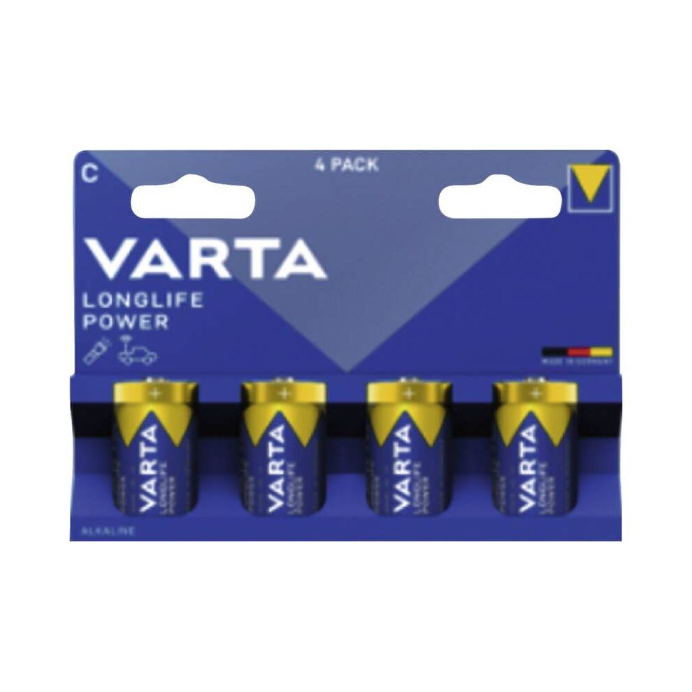 Batterie Varta C, confezione da 4, imballaggio blu e giallo.