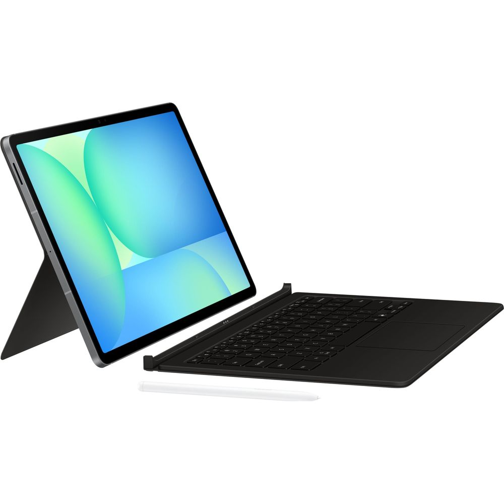 Un ordinateur portable avec clavier noir et écran incliné affichant un fond bleu-vert.