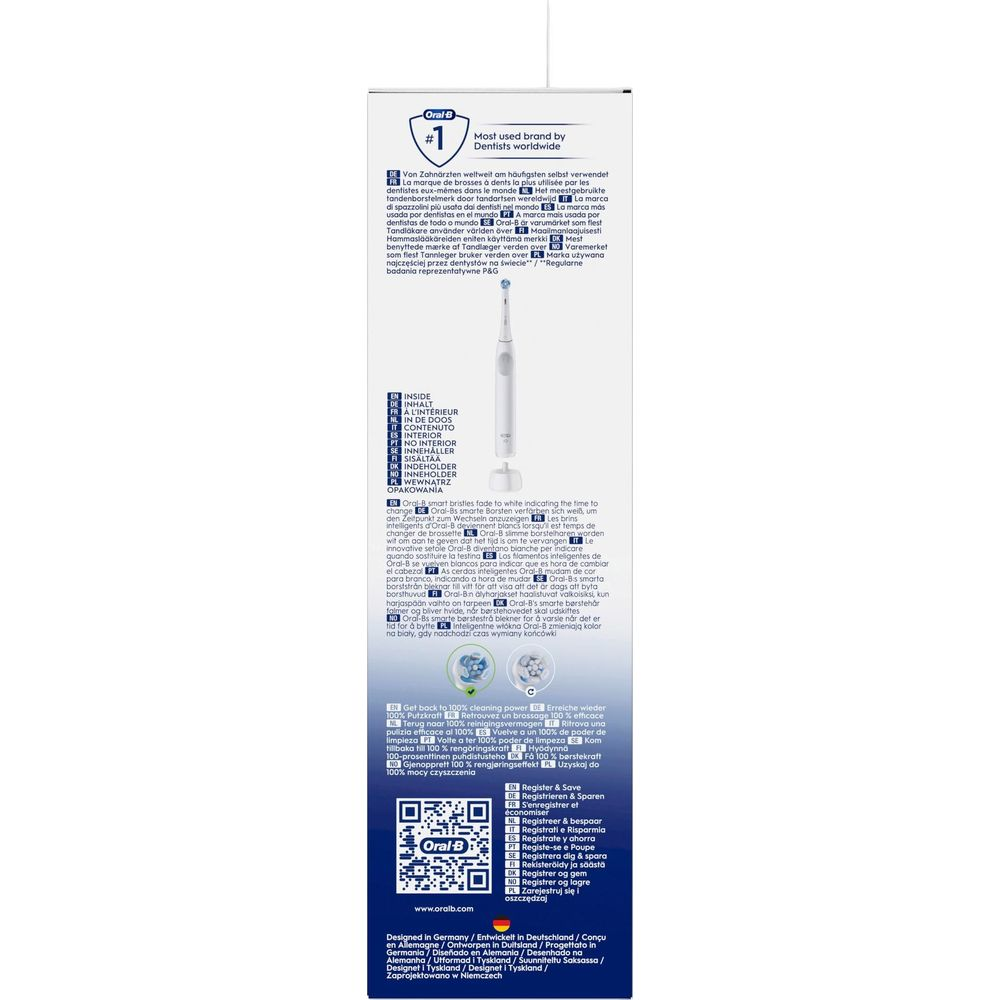 Oral-B Zahnbürste mit Text und Logo. Die Bürste ist weiß mit blauen Akzenten.