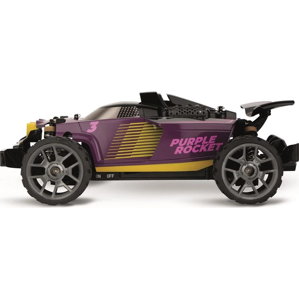 Coche morado a control remoto con rayas amarillas y texto 'Purple Rocket'.