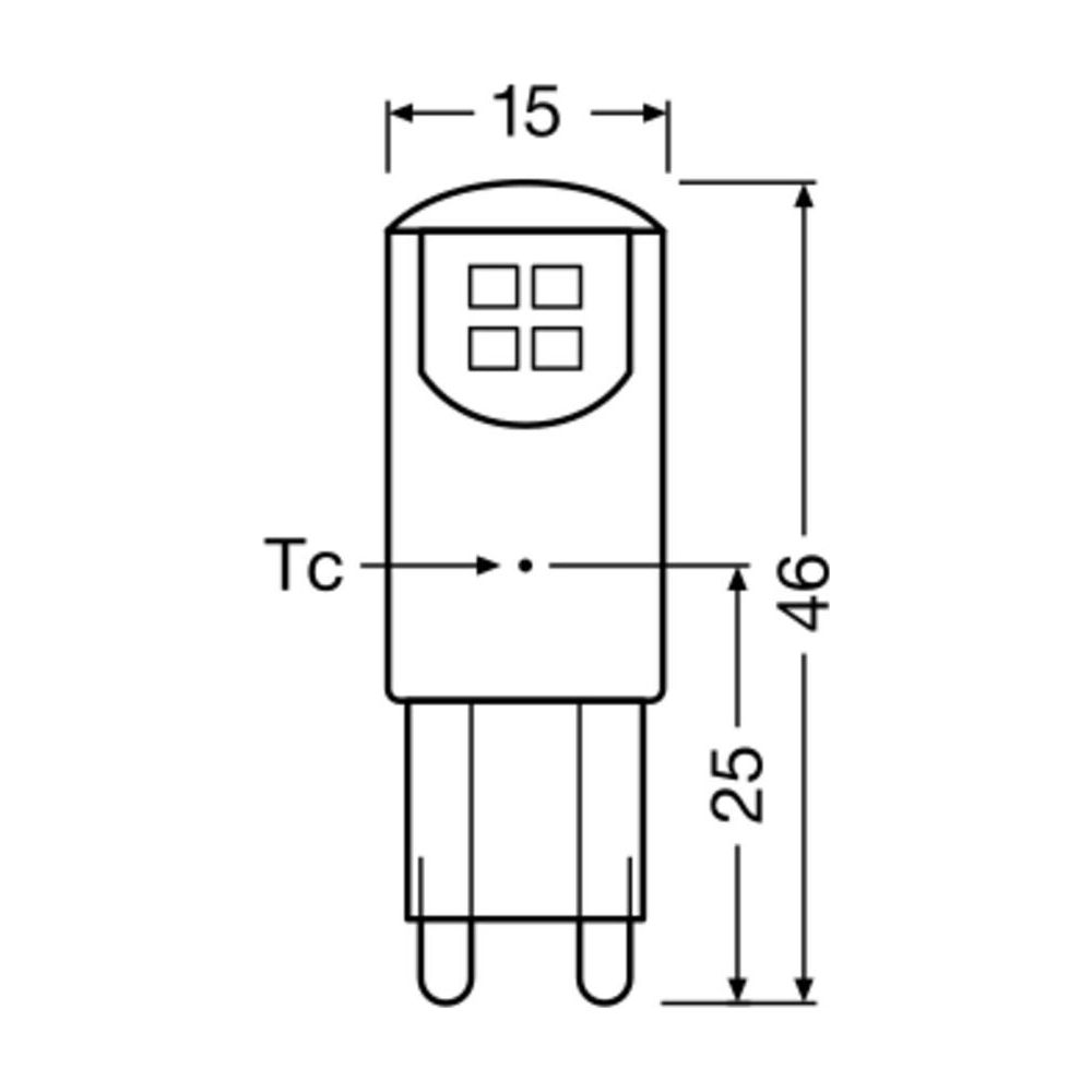 Rysunek techniczny lampy o wymiarach 15mm szerokości, 46mm wysokości, 25mm długości podstawy.