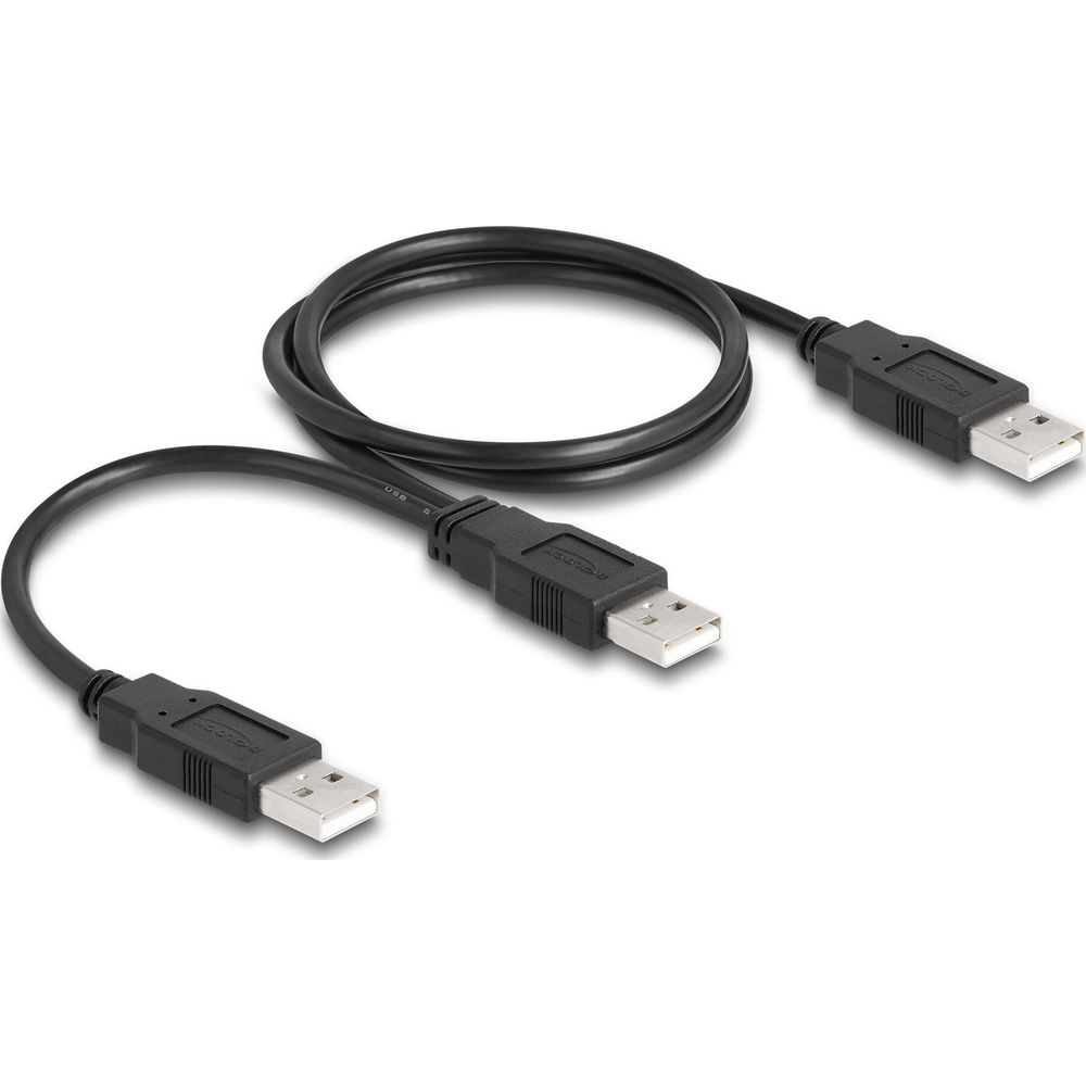 Un cable USB negro con dos conectores, sobre fondo blanco.