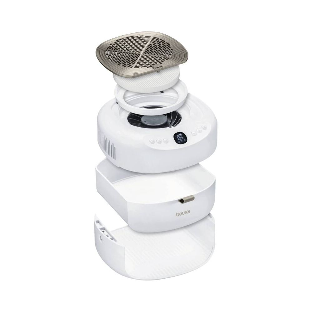 Vista esplosa di un purificatore d'aria bianco con ventola e controlli digitali.