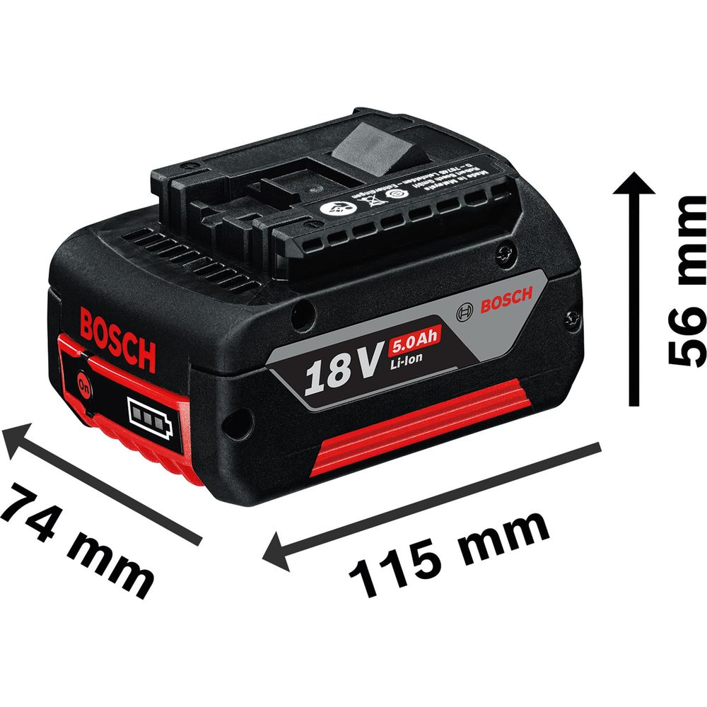Siyah Bosch 18V 5.0Ah Li-Ion pil, boyutları 74x115x56mm.