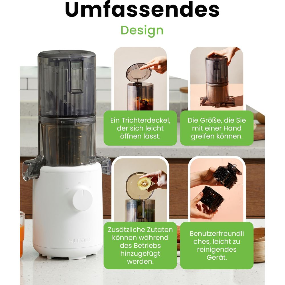 Ein weißer Slow Juicer mit transparentem Aufsatz und einem Bedienelement.