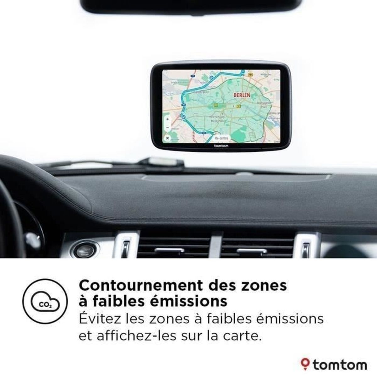 Urządzenie nawigacyjne TomTom wyświetla mapę Berlina z zaznaczoną strefą niskiej emisji.