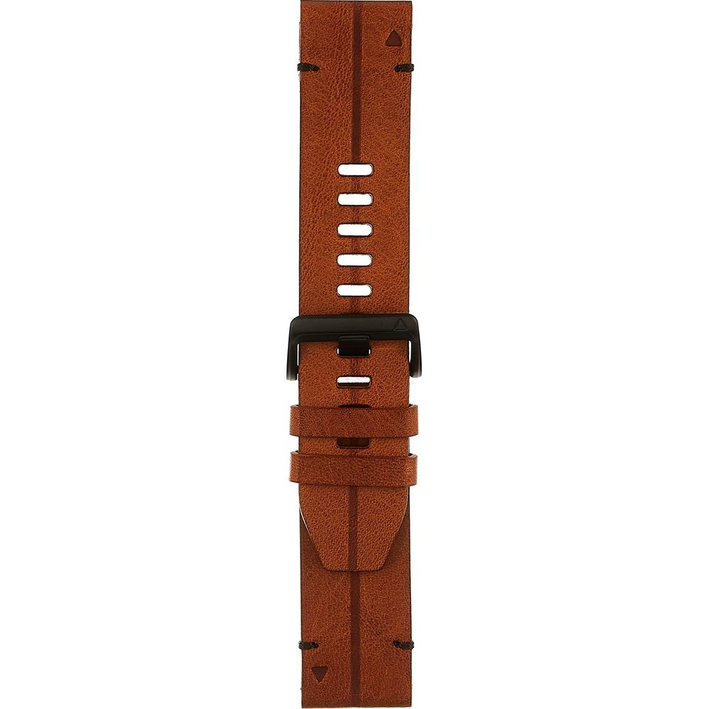 Un cinturino per orologio in pelle marrone con fibbia nera e fori.