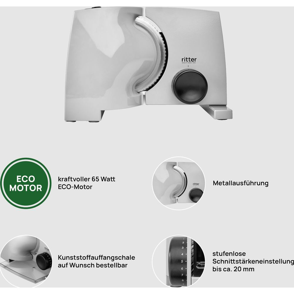 Biała krajalnica Ritter z silnikiem ECO i regulacją płynną.