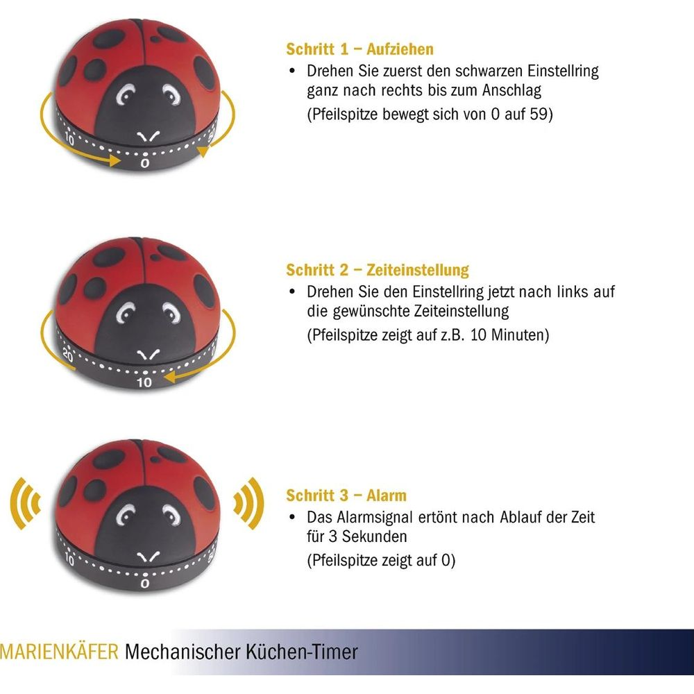 Schritte zur Benutzung eines Marienkäfer-Küchen-Timers.