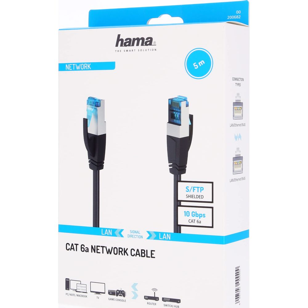 Hama CAT 6a Netzwerkkabel, 5m, S/FTP, 10 Gbps, mit RJ45-Anschlüssen.