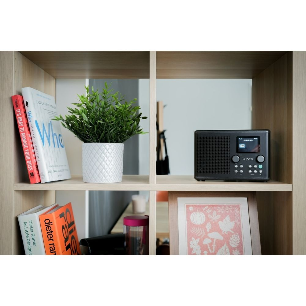 Ein schwarzer Digitalradio steht auf einem Regal neben Büchern und einer Pflanze.
